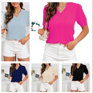 Dames Viscose V-hals Pofmouw Gebreid T-shirt Casual Losse Geribbelde Textuur Korte Mouw Top Mode Lichtgewicht Pullover