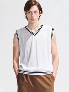 Gilet da Uomo Stile Preppy con Scollo a V Lavorato a Maglia Senza Maniche con Bordi a Strisce a Contrasto Top