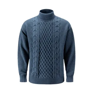Klassieke blauwe heren coltrui met kabelbreisel voor stijlvolle herfst en winter