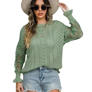 Women's sage green lace knit sweater with floral hollow patterns and ruffle cuffs