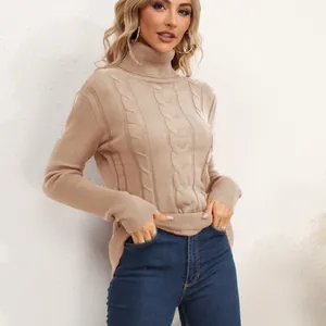 Retro Damen Strickpullover in Beige mit Zopfmuster und hohem Kragen