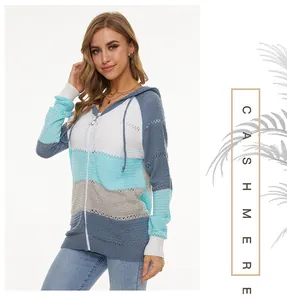 Striped hooded knit cardigan sweater with distressed detailing and zip-up front