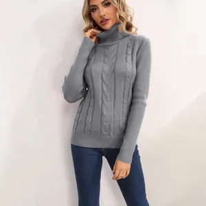 Lässiger grauer Rollkragenpullover für Damen mit Zopfmuster für Herbst und Winter
