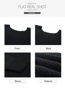 Viste dettagliate del pullover in maglia nera con motivo a rombi, materiale e vestibilità