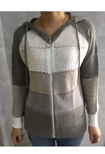 Detail of color-block striped hooded knit cardigan with zipper and hollow design