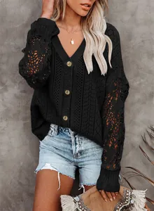 Detail of black V-neck cardigan with delicate hollow lace sleeves and crochet knit