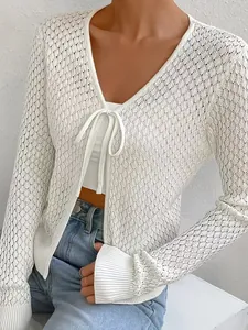 Maglia Cardigan Donna in Poliestere a Manica Lunga Traforata Con Lacci Scollo a V Maglione Sottile per Primavera Estate