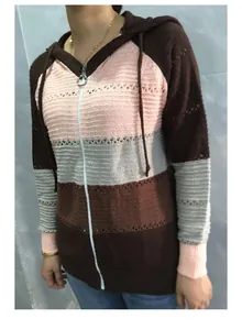 Detail shot of a long-sleeved hooded striped knit cardigan sweater in pink and brown.