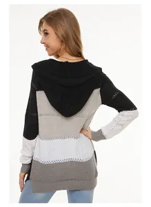 Back view of women's striped hooded cardigan featuring unique distressed knit details