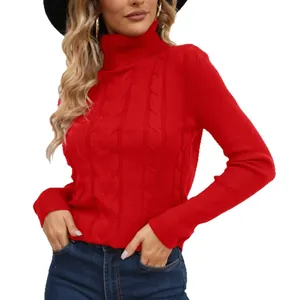 Roter Rollkragenpullover mit Zopfmuster und langen Ärmeln für trendige Damenmode