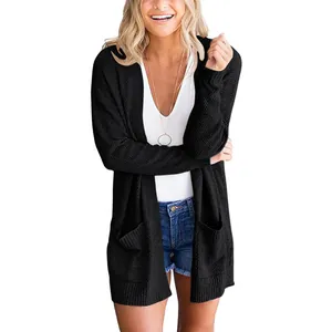 Cozy black long sleeve open front knit cardigan with pockets for women casual style