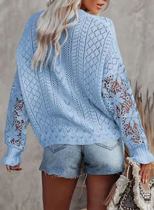 Back detail view of light blue hollow out lace long sleeve knit sweater for women