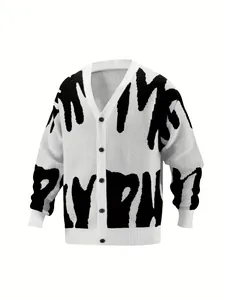 Casual white V-neck knit cardigan with bold black graphic print and button closure