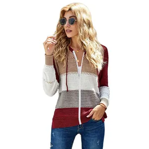 Detailed view of women's color-block striped hooded knit cardigan with distressed texture