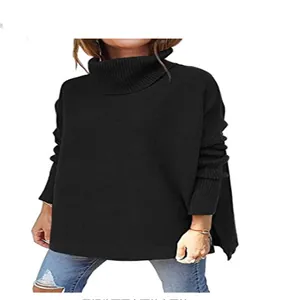 Oversized black turtleneck knit sweater with casual batwing sleeves for women