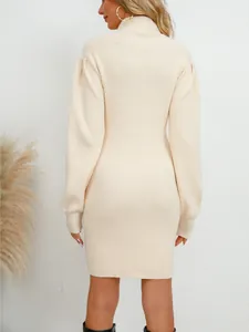 Back view of elegant off-white ribbed knit mini dress with puff shoulder detail for women