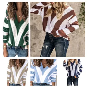 Suéter de Punto a Rayas Color Block para Mujer Cuello en V Manga Larga Holgado Jersey de Poliéster