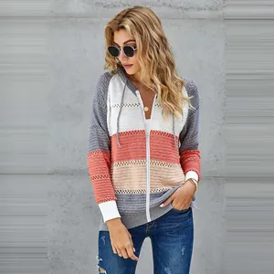Casual color-block striped hooded cardigan for women with zip closure and knit texture