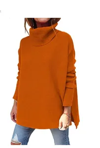 Stylish oversized orange turtleneck knit sweater with batwing sleeves for women