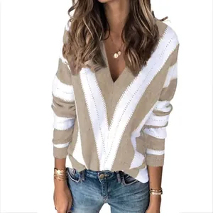 Suéter de punto a rayas con cuello en V holgado para mujer moderna en caqui y blanco