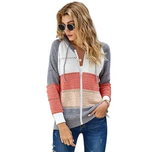 Stylish women's color-block hooded knit cardigan with long sleeves and zip-up front closure