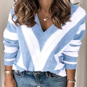 Jersey de punto holgado con cuello en V y elegantes rayas en bloque azul y blanco