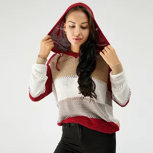 Sweat à capuche en maille rayée pour femme, coupe ample et manches longues, style décontracté