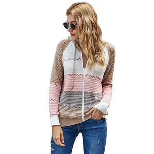 Casual color-blocked striped hooded cardigan sweater for women featuring a soft knit
