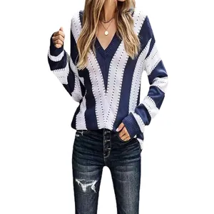 Elegante jersey de punto a rayas con cuello en V para mujer en azul marino y blanco, holgado