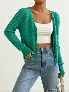 Cardigan da donna verde in maglia traforata con laccetti e maniche lunghe eleganti
