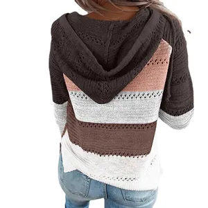 Sweat à capuche en maille rayée color block pour femme avec manches longues et motifs