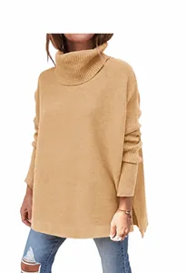 Cozy khaki oversized turtleneck sweater with batwing sleeves and side slits detail