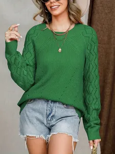 Maglione casual verde a maglia da donna con motivo a rombi traforati per l'autunno