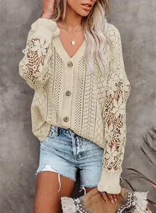 Detail of V-neck knit cardigan featuring elegant hollow-out lace sleeves in cream