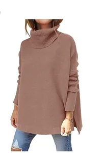 Detail view of an oversized brown turtleneck knit sweater with ribbed batwing sleeves
