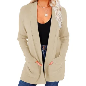 Dames Acryl Gebreid Vest Effen Kleur Open Voorkant Trui Met Zakken Halflang Casual Lange Mouw Top