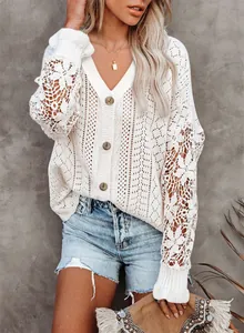 Detail shot of boho white hollow out lace long sleeve cardigan with v-neck design