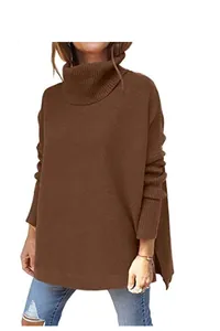 Close-up of brown oversized turtleneck sweater with batwing sleeves and knit texture