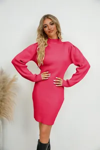 Close-up view of a vibrant hot pink ribbed knit dress featuring elegant puff sleeves.