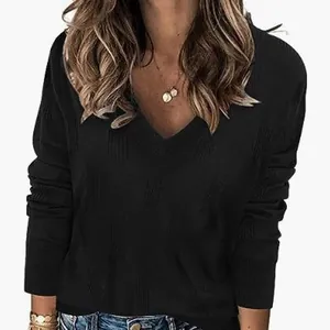 Elegant black women's V-neck long sleeve ribbed knit pullover sweater for autumn and winter