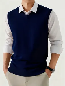Detailed view of navy blue V-neck knit sweater vest for men's business casual wear