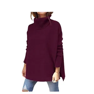Oversized burgundy turtleneck sweater with batwing sleeves and high-low hem for women