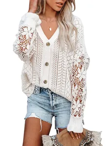 Women V Neck Hollow Lace Crochet Knit Cardigan Loose Long Sleeve Button Down Sweater Top