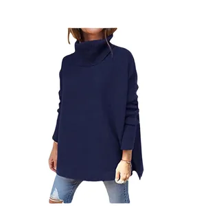 Women's oversized navy blue turtleneck sweater with batwing sleeves and ribbed knit finish