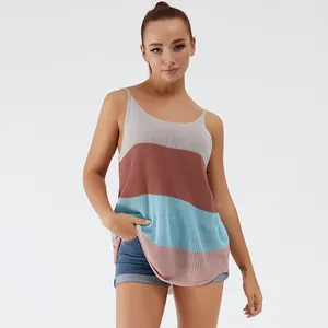 Canotta Casual in Maglia da Donna Girocollo Patchwork Trasparente Top a Gilet in Maglia Lunga per Vacanze