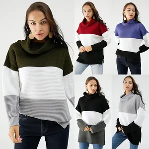 Pull en Tricot à Col Montant Surdimensionné pour Femmes Bloc de Couleur Coton Patchwork Manches Longues Pullover Hiver Décontracté Streetwear