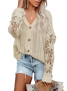 Casual cream hollow lace V-neck cardigan sweater with long sleeves for women on white