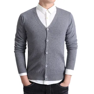 Casual men's pure cotton V-neck long sleeve cardigan knit sweater in solid grey color