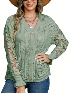 Elegant sage green V-neck knit cardigan with intricate lace hollow-out long sleeves