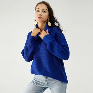 Pull en tricot bleu roi à col roulé oversize pour femme, pull d'hiver à manches longues